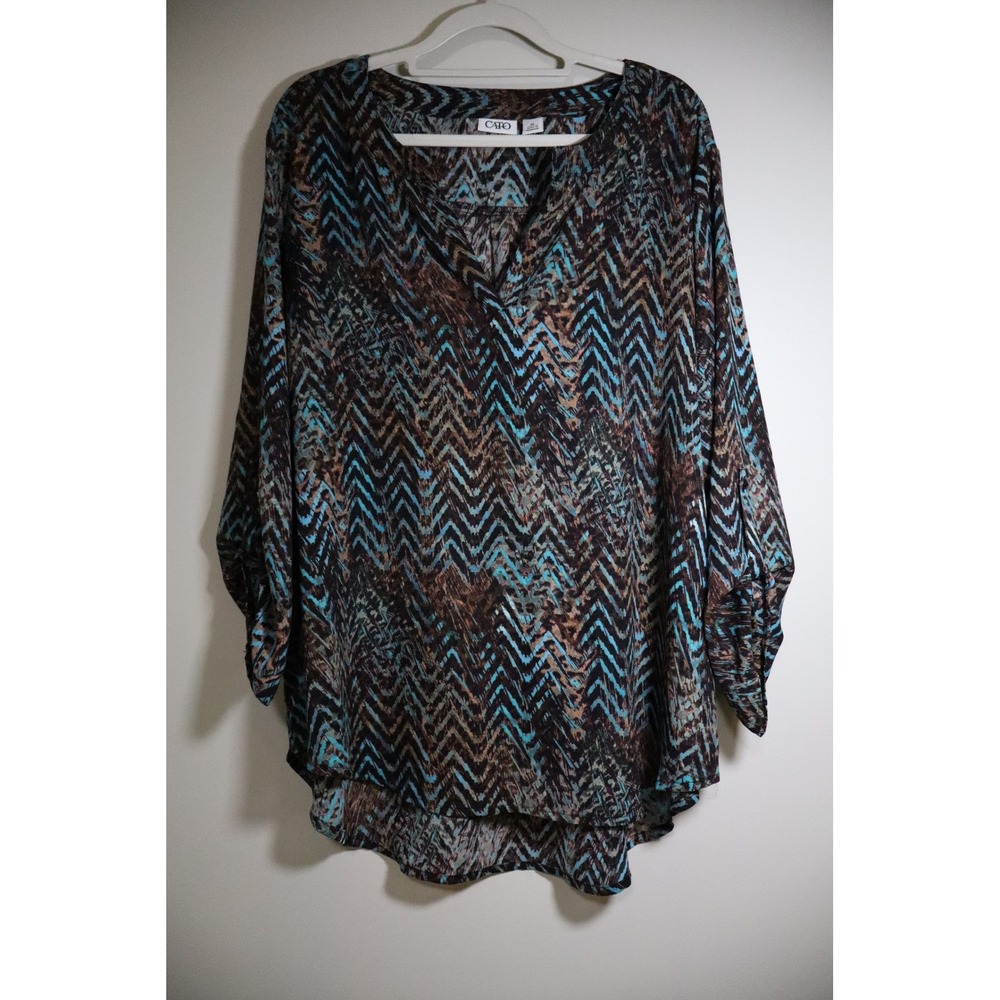 Boho Ikat Chevron Cato Blouse XL Brown Blue Roll Tab V-Neck Top